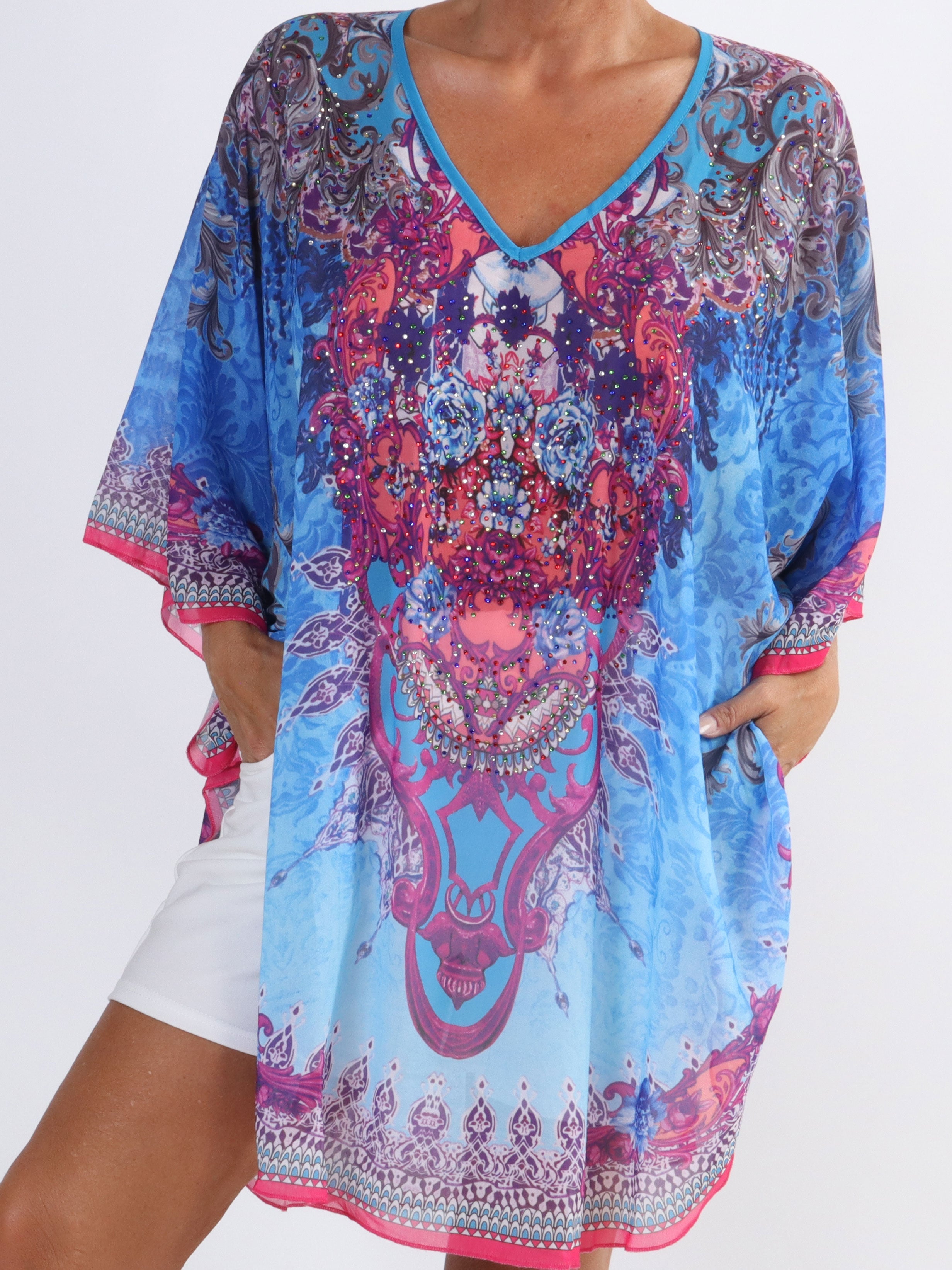 Sigga - Halvtransparent tunika med fuskpälskant i plusstorlek - Blue/grey